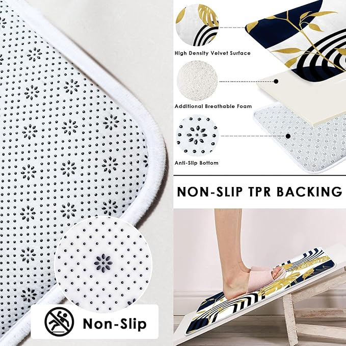 Boho Blue Shower Curtain Set with Toilet Lid Cover and Non-Slip Rugs, Abstract Botanical Navy Gold 4 Pcs Modern Minimalist Vintage Shower Curtain for Bathroom Set with 12 Hooks