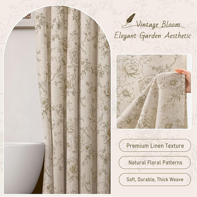 Farmhouse Floral Linen Shower Curtain, Vintage Beige Pattern Rustic Shower Curtains for Bathroom, Tan Taupe,72x84