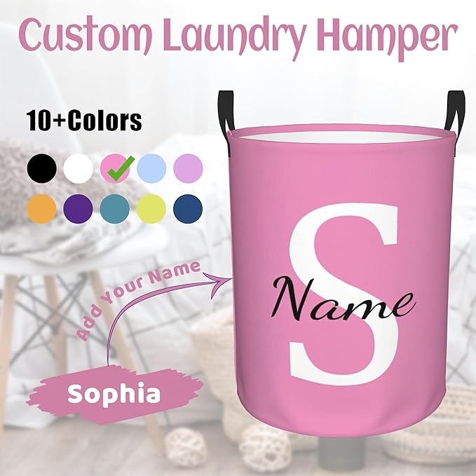 Personalized Laundry Basket Custom Name Dirty Clothes Storage Basket with Handles, Customized Name Circular Foldable Hamper with Handles for Baby Boys Girls Men Women(S)