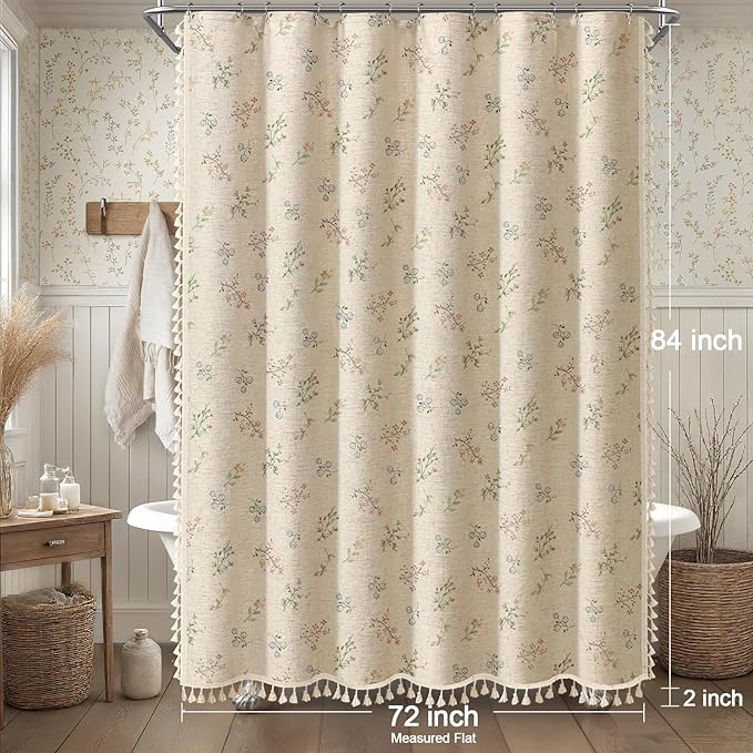 Floral Vintage Linen Shower Curtain, French Country Shower Curtains for Bathroom with Tassels, 72Wx84H