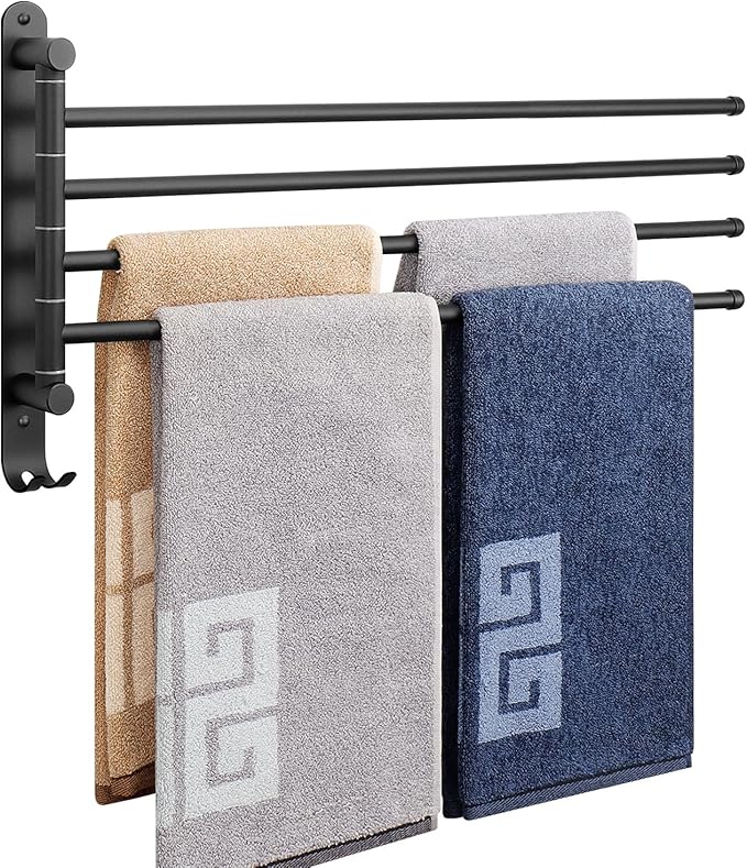 NearMoon Swivel Towel Rack, 19.5" Thicken 304 Stainless Steel 4-Arm Towel Bar, Space Saving Wall Mounted Towel Holder with Hook, Rustproof Swing Out Towel Hanger for Bathroom, Kitchen (Matte Black)