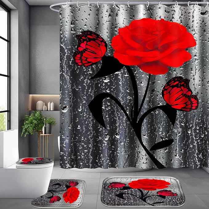 Poedist 4 Pcs Bathroom Set,Red Rose Shower Curtain Sets, Floral Shower Curtain Sets with Rugs(Bath Mat,U Shape and Toilet Lid Cover Mat) and 12 Hooks