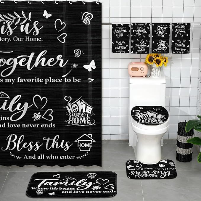 Tatuo 8 Pcs Family Shower Curtain Set Black Home Theme Bathroom Accessories Sets Farmhouse Rustic Waterproof Shower Curtain with Towels Carpet Bath Mat Toilet Rugs and 12 Hooks Housewarming Gift