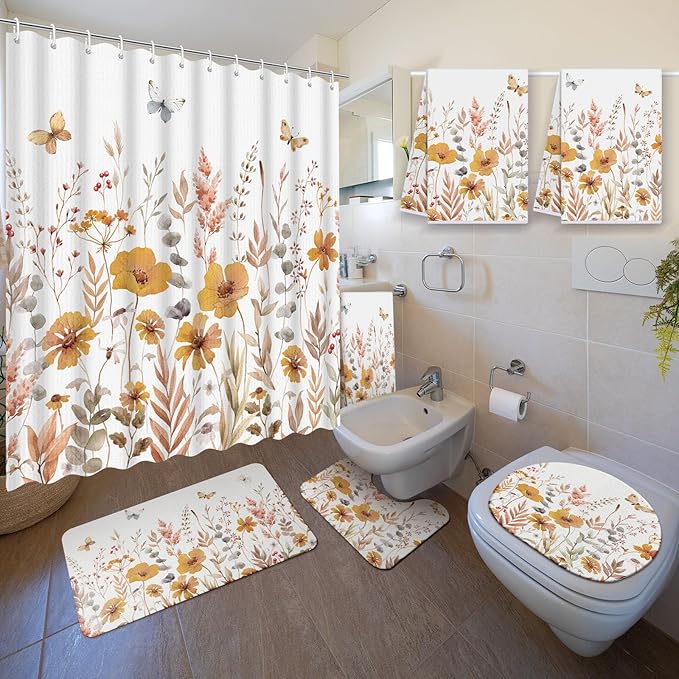Nuanchu 6 Pcs Thanksgiving Shower Curtain Set with Rug Bathroom Sets with Shower Curtain Bath Mat U Shaped Mat Toilet Lid Cover 2 Bath Towels and 12 Hooks Fall Floral Bathroom Decor