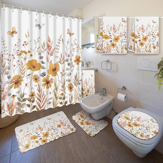 Nuanchu 6 Pcs Thanksgiving Shower Curtain Set with Rug Bathroom Sets with Shower Curtain Bath Mat U Shaped Mat Toilet Lid Cover 2 Bath Towels and 12 Hooks Fall Floral Bathroom Decor