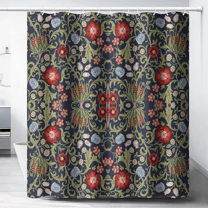 Boho Watercolor Floral Shower Curtain William Morris Design Heavy Duty Fabric Shower Curtain Set Bathroom Polyester Waterproof Shower Curtain 72x72 Inches(183x183cm), Style