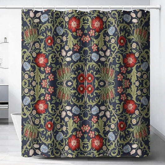 Boho Watercolor Floral Shower Curtain William Morris Design Heavy Duty Fabric Shower Curtain Set Bathroom Polyester Waterproof Shower Curtain 72x72 Inches(183x183cm), Style