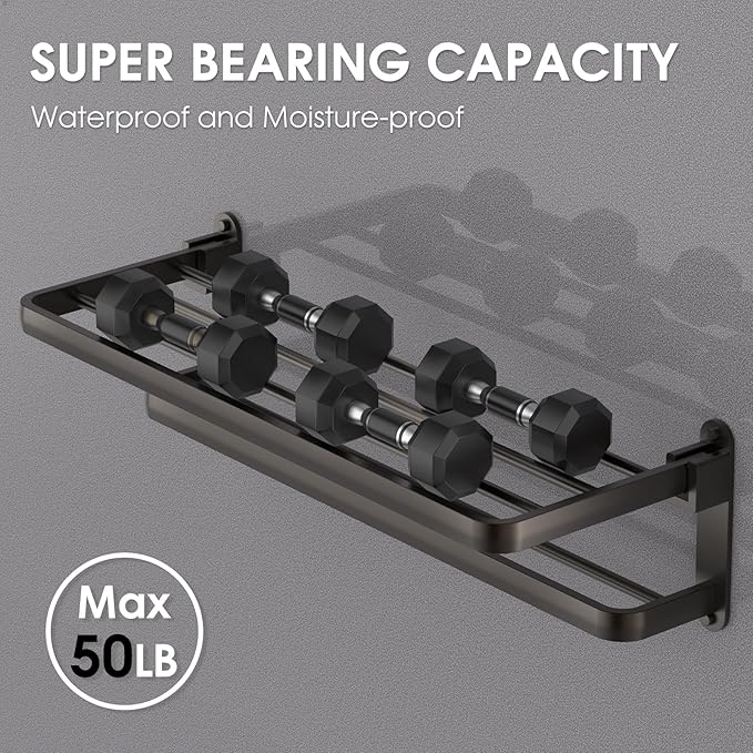 BOZWELL Bathroom Lavatory Towel Rack with Two Towel Bars,20-Inch Towel Shelf with Towel Bar,Towel Holder 1011-GR-50 (Modern Gray Finish)