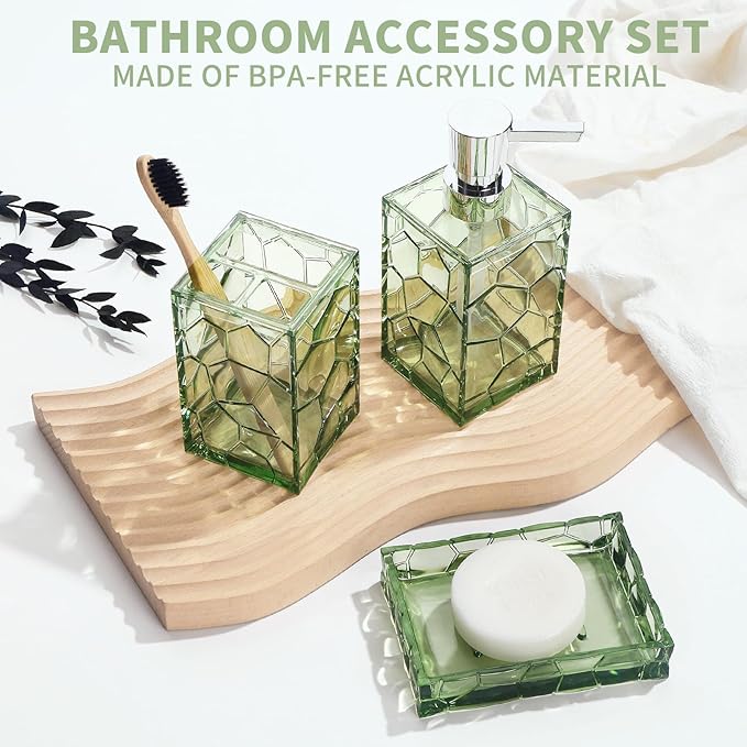 GAHEFY Green Bathroom Accessories Set with Toothbrush Holder, Soap Dispenser, Tumbler, Soap Dish, Sage Green Bathroom Decor, Acrylic (Green-4pcs)