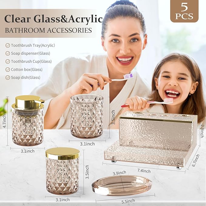 Glass Bathroom Accessories Set 5Pcs Crystal - Brown Foaming Soap Dispenser, Soap Dish, Cup, Acrylic Toothbrush Holder with Tray Organizer, Cotton Swab Jar, Bathroom Counter Set Sink Decor