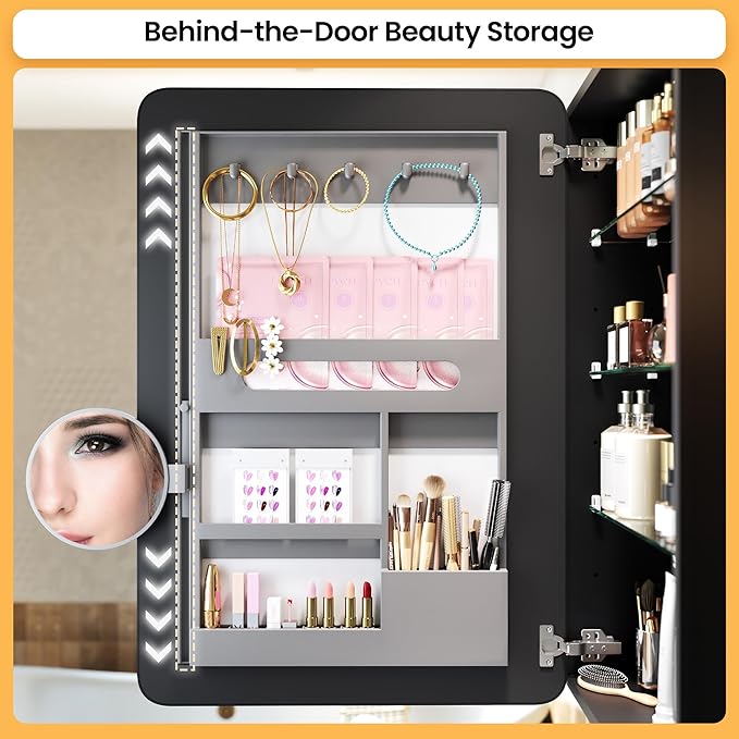 Medicine Cabinet with Mirror, 20x26 Inch Aluminum Bathroom Cabinet with Adjustable Glass Shelves, Built-in Makeup Storage, Recessed or Surface Mount, Soft Close Hinges, Matte Black