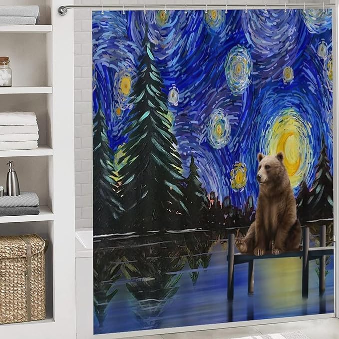 Funny Forest Animal Bear Shower Curtain Sets with Rugs 4 Piece Accessories Bathroom Curtains Shower Set Include Shower Curtain Non-Slip Rug Toilet Lid Cover Bath Mat One Size