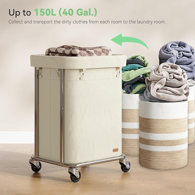 Nunsino Laundry Basket with Wheels 150L/40Gal, Rolling Laundry Hamper with Steel Fram and Removable Washing Bag,Laundry Sorter Cart for Laundry Room,Hotel,Dorm,Cream and Silver