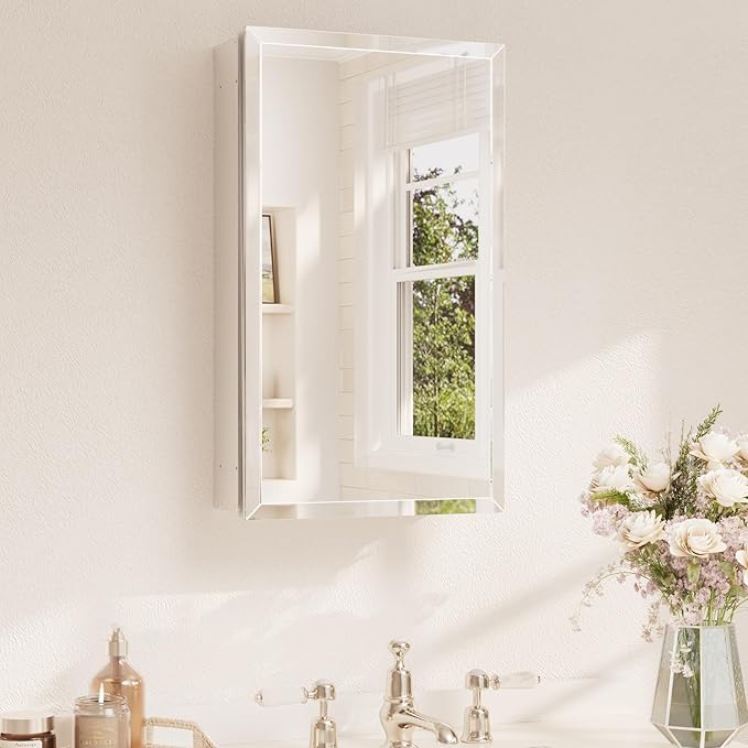 TETOTE 14 x 24 Medicine Cabinet with Tempered Beveled Mirror Silver Aluminum Cabinet DTC Hinges, Stepless Adjustable Shelves, Recessed/Surface-Mounted