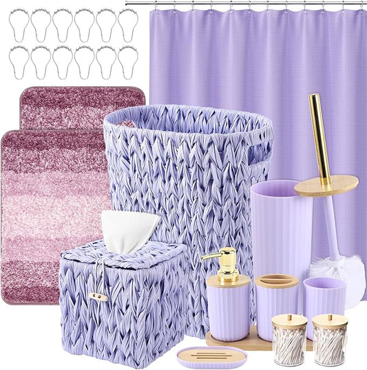 Bathroom Accessories Set, 25PCS Wicker Bathroom Accessory Set with Shower Curtain, Bath Mat, Soap Dispenser, Handwoven Trash Can & Ratten Tissue Box (Purple, Bath Set+Shower Curtain+Rugs)