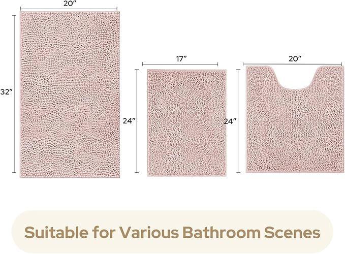 HOMEIDEAS 3 Pieces Bathroom Rugs, Extra Large Ultra Soft Non Slip Absorbent Chenille Toilet Bath Mat Set (Dusty Pink)