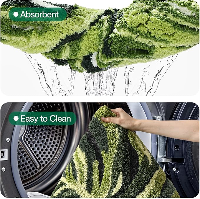 LUMI Cute Bathroom Rugs with Green Leaf Plant, Soft, Fluffy, Plush, Absorbent, Quick Dry, Non Slip, Machine Washable for Shower Floor, Bathroom, Bedroom, Kids Room, 32"x48", Dark Monstera