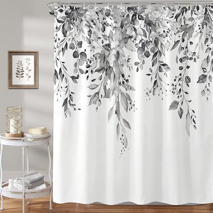 kampdream Grey and White Eucalyptus Plant Shower Curtain, Watercolor Leaves On The Top Botanical Bathroom Curtain 72 ×72 Inch