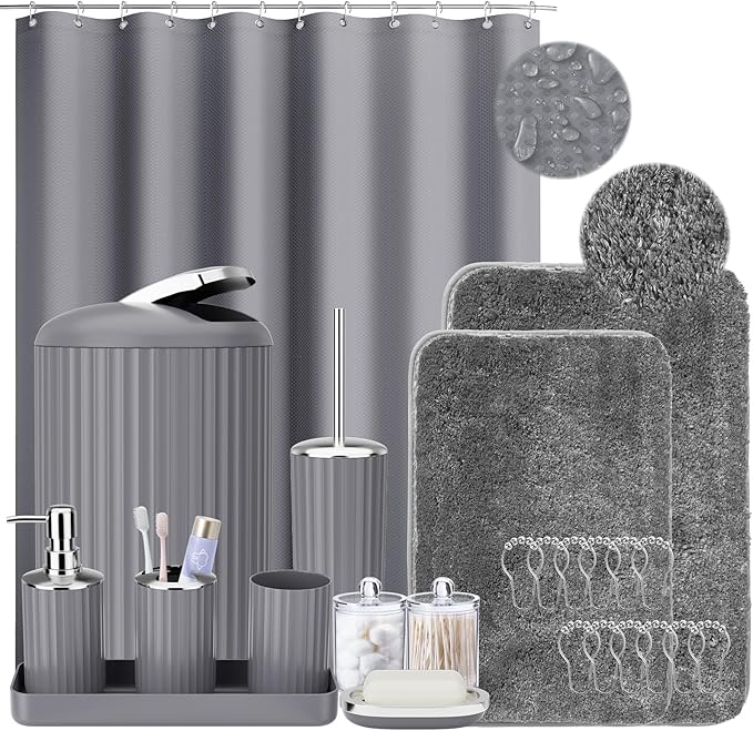 XLHOMO 24 PCS Gray Bathroom Accessories Set with Shower Curtain and Rugs, Bathroom Sets with Extra Soft and Absorbent Bath Rugs Shower Curtain Bathroom Accessory for Bath