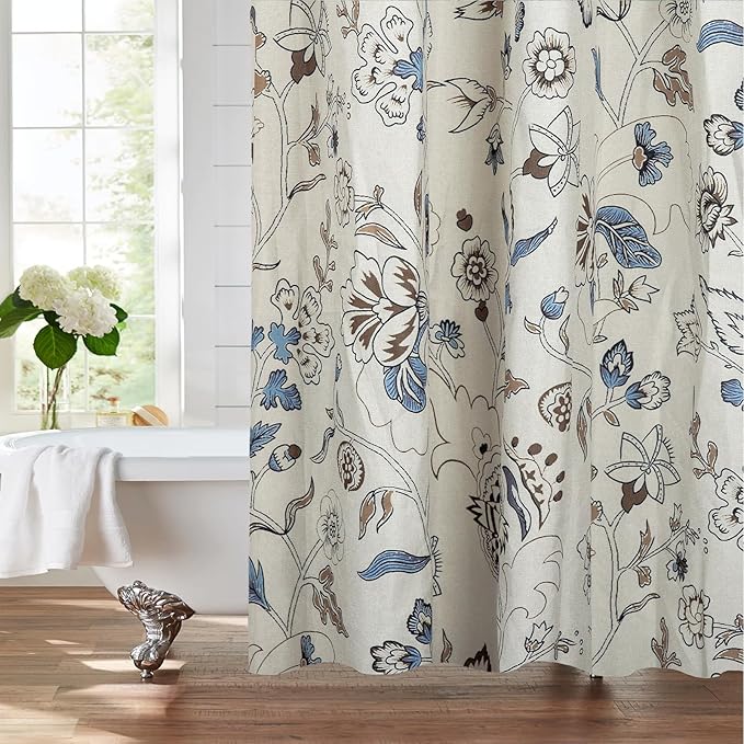 MUGINYU Vintage Farmhouse Linen Shower Curtain,Botanical Floral Toile Shower Curtain,Colorful Leaves Bath Curtains Shower,Boho Flower Plant Neutral Bathroom Decor (Vintage Flower Blue)