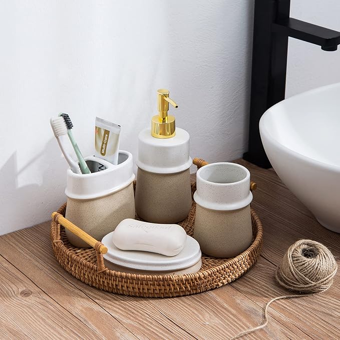 Bathroom Accessories Set,Farmhouse Bathroom Decor,4 Pcs Ceramic Gift Set Apartment Necessities, Contain Toothbrush Cup,Soap Dispenser,Soap Dish,Tumbler,Beige