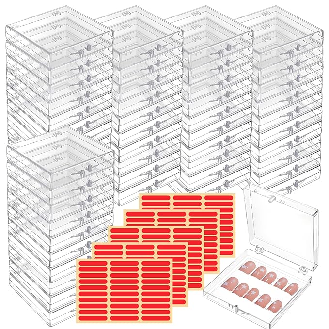 50PCS Press On Nail Storage Boxes Clear Plastic Fake Nail Tips Display Case with 150Pcs Adhesive Double Sided Tape Empty Packaging Boxes Container for Home Beauty Nail Art Business Salon