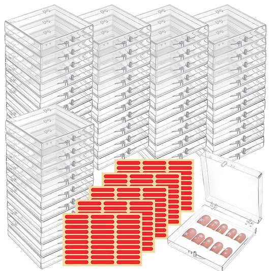 50PCS Press On Nail Storage Boxes Clear Plastic Fake Nail Tips Display Case with 150Pcs Adhesive Double Sided Tape Empty Packaging Boxes Container for Home Beauty Nail Art Business Salon