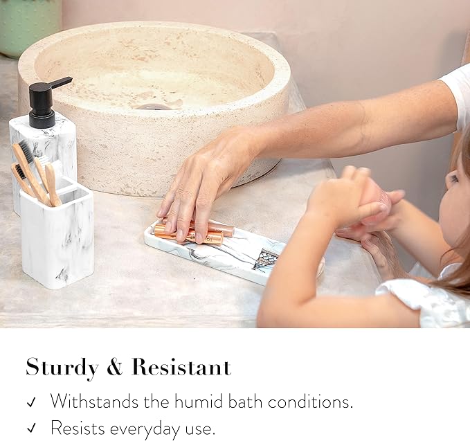 ZCCZ Bathroom Accessory Sets, 4 Pieces Bathroom Accessories Complete Set Vanity Countertop Accessory Set with Marble Look, Includes Lotion Dispenser, Toothbrush Holder and Tray (White Marble Look)
