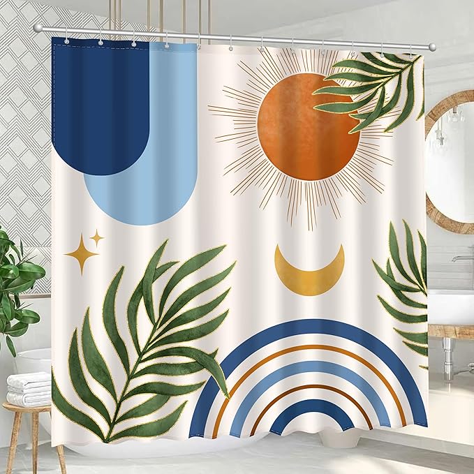 Boho Mid Century Shower Curtain, Bohemian Blue Minimalist Simple Aesthetic Modern Bathroom Decor, Colorful Rainbow Sun Moon Natural Botanical Leaves Fabric Cloth Bath Curtain 72x72 Inches