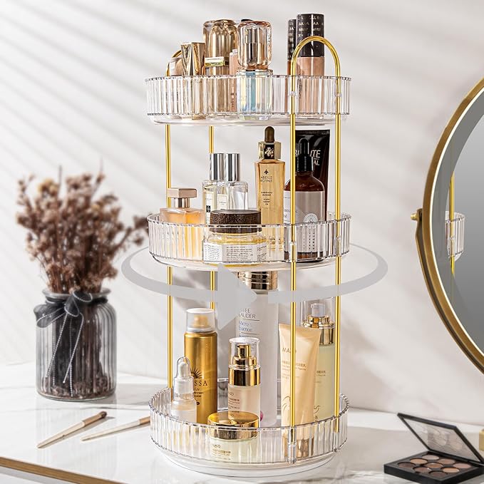 Makeup Organizer for Vanity, 360?? Rotating Bathroom Organizer Countertop, High-Capacity Skincare Organizer, Spinning Cosmetics Organizer for Dresser Countertop (3 Tiers, Clear)
