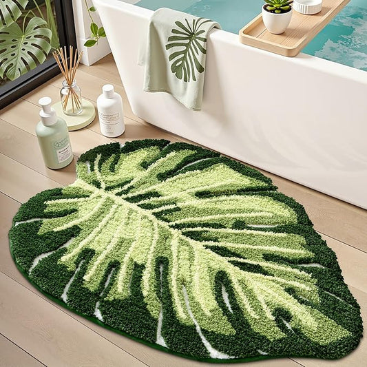 LUMI Cute Bathroom Rugs with Green Leaf Plant, Soft, Fluffy, Plush, Absorbent, Quick Dry, Non Slip, Machine Washable for Shower Floor, Bathroom, Bedroom, Kids Room, 31.5"x47", Monstera