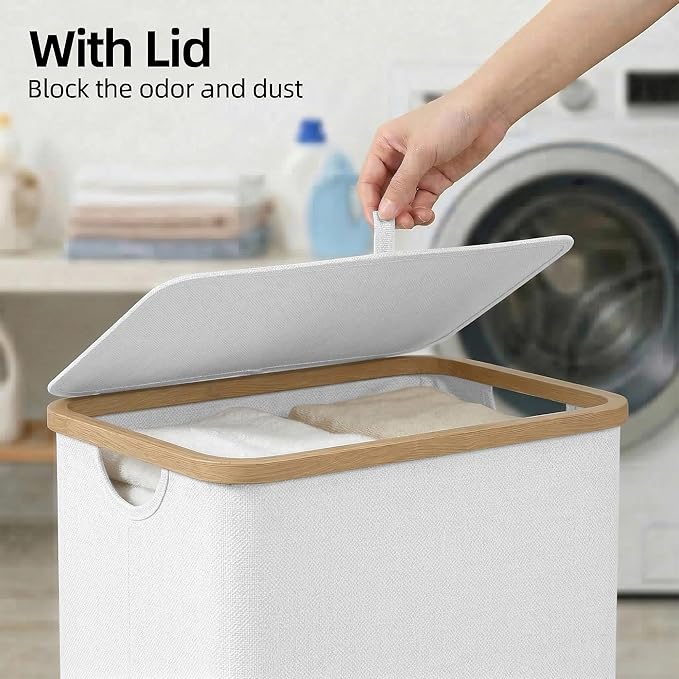 efluky Slim Laundry Basket with Lid, Narrow Laundry Hamper with Removable Bag, Skinny Dirty Clothes Basket with Bamboo Handles for Bathroom, Bedroom & Laundry Room, 65L White