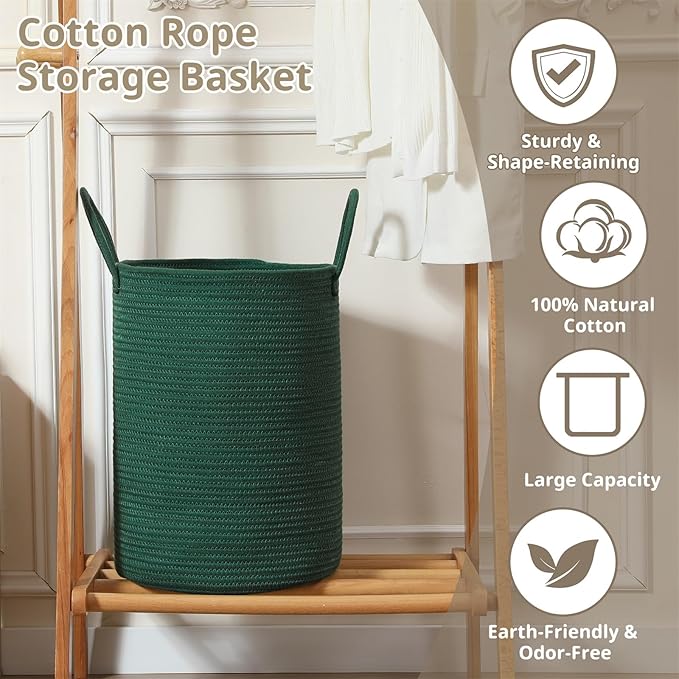 40L Woven Laundry Basket Hamper, 100% Natural Cotton Rope, Handwoven & Durable, Storage for Blankets, Toys, Clothes, Decorative Nursery Hamper for Living Room, Baby Room, Bedroom (Dark Green)