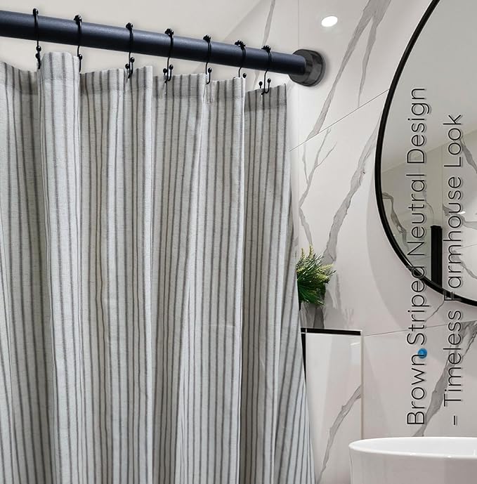 Farmhouse Striped Shower Curtain - 72x72 Inches, Linen Blend Fabric, Breathable & Machine Washable, Rustic Tan for Bathroom Decor (Hooks/Liner Not Included)