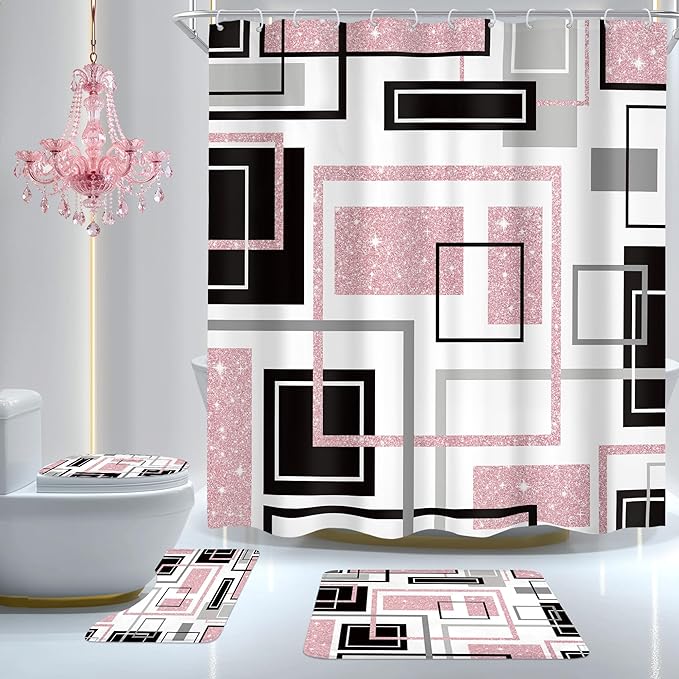 Cinbloo 4Pcs Abstract Black Pink Geometric Shower Curtain Set, Girls Girly Simple Minimalist Modern Women Gray Grey Bathroom Curtain with Rug Toilet Lid Cover Bath Mat with 12 Plastic Hooks