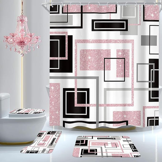 Cinbloo 4Pcs Abstract Black Pink Geometric Shower Curtain Set, Girls Girly Simple Minimalist Modern Women Gray Grey Bathroom Curtain with Rug Toilet Lid Cover Bath Mat with 12 Plastic Hooks