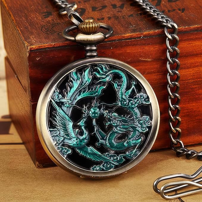ManChDa Scrying Mirror Black Obsidian Mirror Lucky Dragon & Phoenix Pocket Watch Shell Witchcraft Kit Wiccan Supplies and Tools Witchy Gifts, Bronze Blue