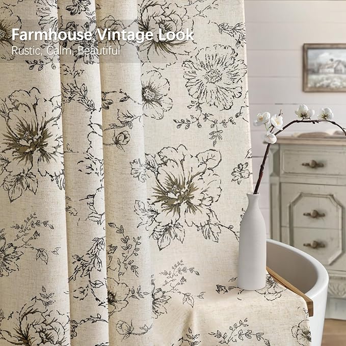 Farmhouse Floral Linen Shower Curtain, Vintage Black Pattern Rustic Shower Curtains for Bathroom, Tan Taupe,72x90