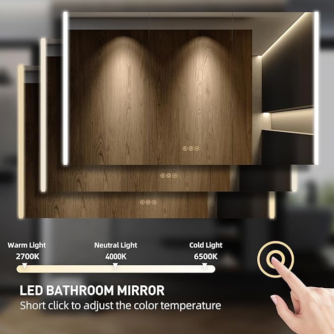 Medicine Cabinet with LED Lights and Mirror, 54 x 32 Inch Surface or Recessed Mounted Bathroom Cabinets with Door, Defogger, Memory Function, 3-Color Mode, Outlet&USB, Dimmer, Storage Shelf