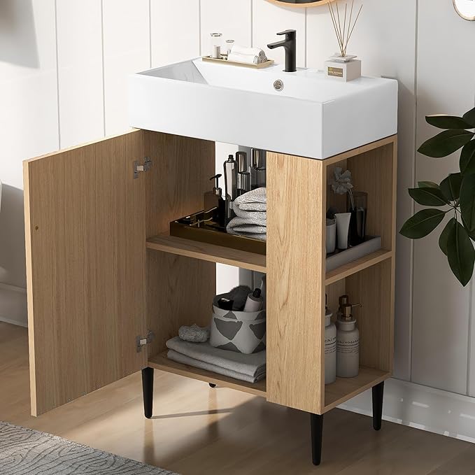 Virubi 21.6 in Small Bathroom Vanity with Sink,Doors and Storage Shelves,Wood Modern Single Fluted Bathroom Sink Cabinet Freestanding (Natural Wood,Right Shelf)