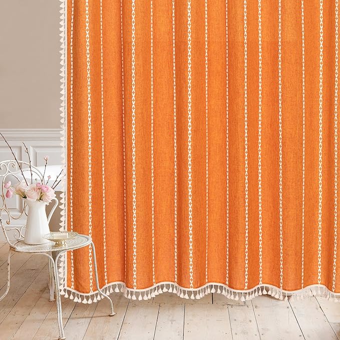 MitoVilla Boho Extra Long Shower Curtain 72 x 96, Orange Modern Farmhouse 96 inch XL Polyester Linen Texture Tassel Fabric Shower Curtain Set with Hooks for Cottagecore Country Bathroom Decor,Orange