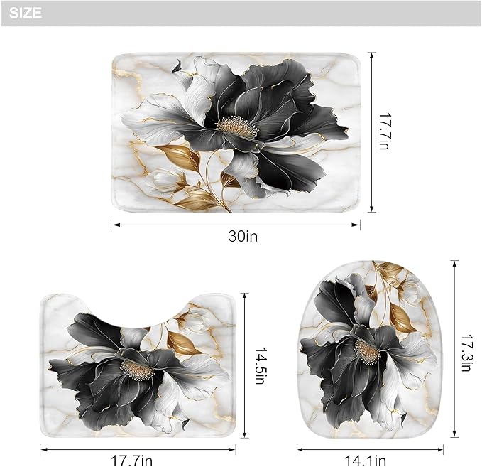 Riyidecor Black Gold Floral 4Pcs Bathroom Shower Curtain Sets Abstract Flower Aesthetic Bathroom Decor Set with Rugs and Accessories Minimalist Toilet Lid Rug, Contour and Bath Mat with 12 Hooks