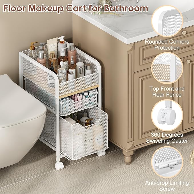 Rolling Makeup Cart Organizer with 2 Drawers, Narrow Floor Skincare Organizers, Vanity Organizer Cosmetics Display Cases Holder for Skin Care Nail Polish Perfume Makeup Brush, White