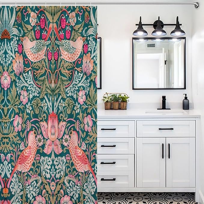 William Morris Shower Curtain,Original Design Vintage Flower Birds Strawberry Thief Pattern Print Shower Curtains Sets Polyester Waterproof Fabric Decor Bathroom Curtain 66"×72" Inch With 12 Hooks