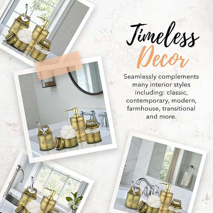 Autumn Alley Rustic Bathroom Accessories Set Vintage Brass Farmhouse Soap Dispenser, Antique Brass Toothbrush Holder, 2 Apothecary Jars Qtip Holder Glass - Rustic Bathroom Decor, Bathroom Accessories