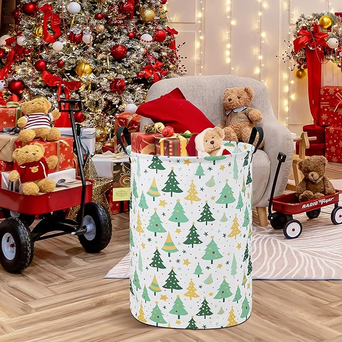 HUNRUNG Laundry Hamper,Large Canvas Fabric Lightweight Storage Basket Toy Organizer Dirty Clothes Collapsible Waterproof for College Dorms???Round-Green tree???