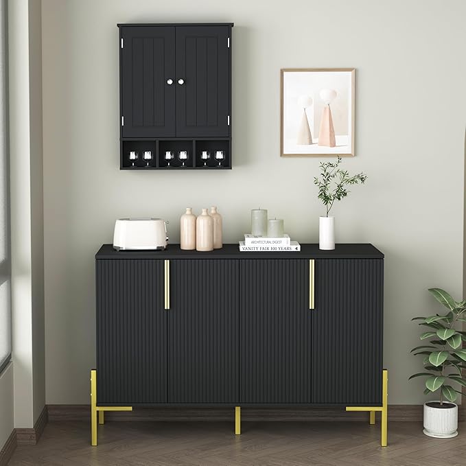 Bathroom Medicine Cabinet 2 Doors with 3 Open Shelves, Over The Toilet Storage Wall Mounted Medicine Cabinet with Adjustable Partitions，Home Cabinet for Bathroom,Living Room,Kitchen,Black