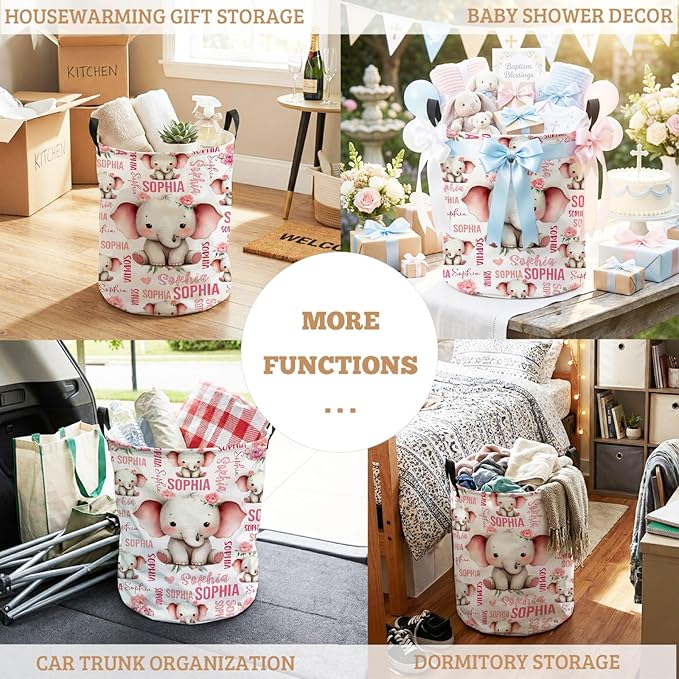 Custom Elephant Laundry Baskets,Personalized Elephant Gifts,Customize Name Laundry Hamper for Boys Girls Adults,Collapsible Clothes Storage Organizer,16.5 x 13.8in
