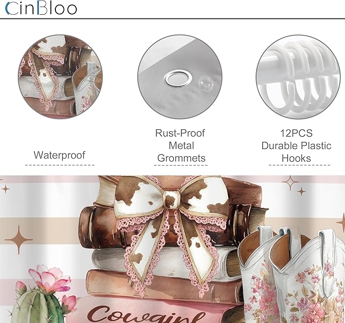 Cinbloo 4Pcs Brown Pink Shower Curtain Set,Western Cowgirl Fashion Boots Cactus Striped Hats Floral Books Bathroom Curtain with Rug, Toilet Lid Cover, Bath Mat,Women Girls Shower Curtain with 12 Hooks