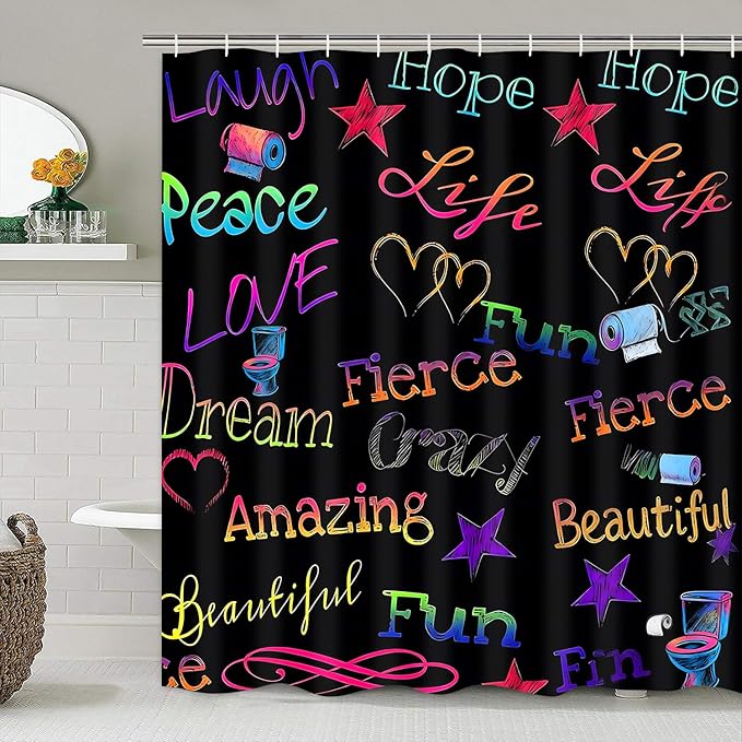 AZHM Inspirational Quotes Shower Curtain Set 4 PCS Motivational Bathroom Decor Set with Neon Typography, Bathroom Shower Curtain Accessory Set